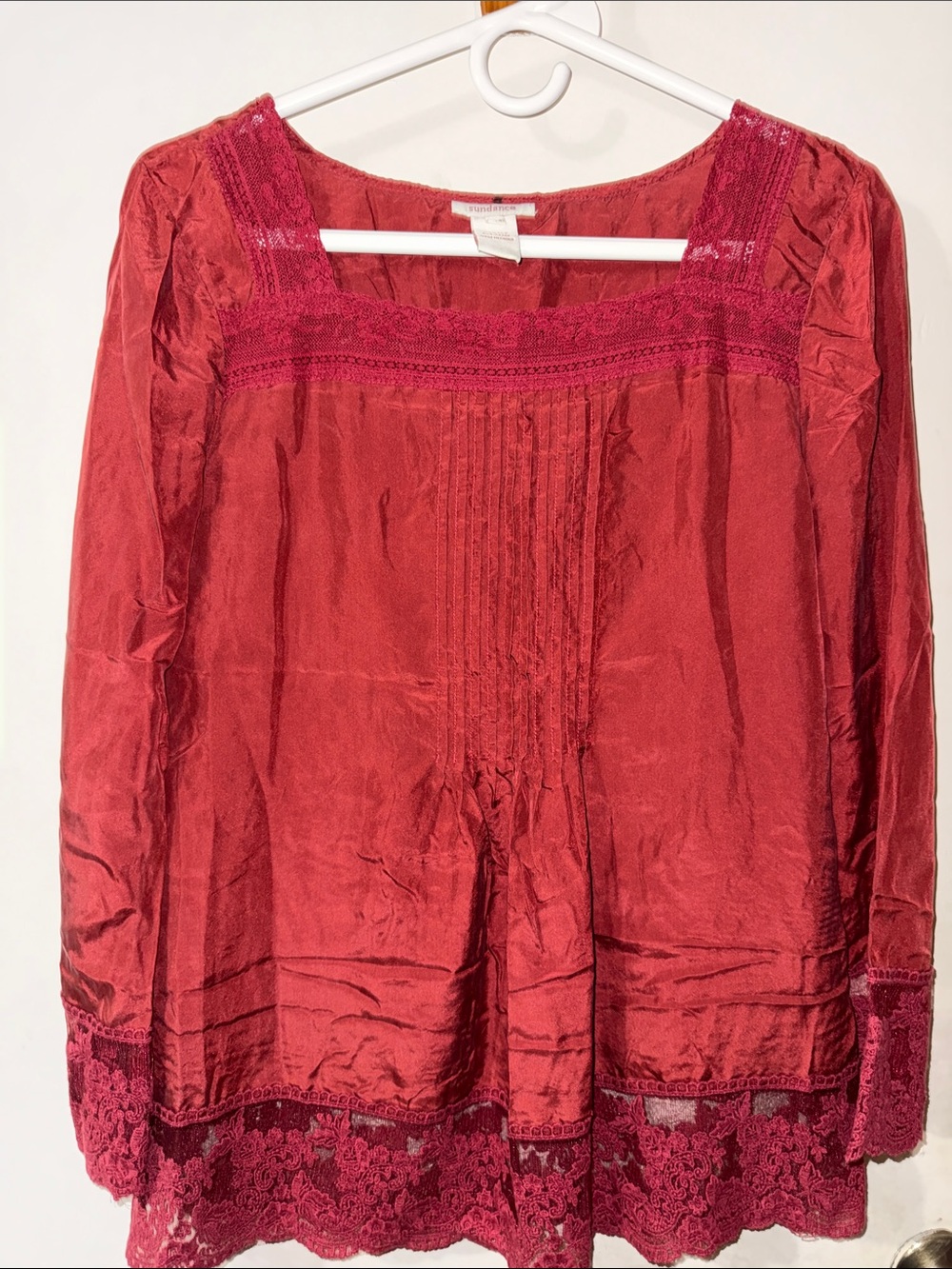 Sundance Deep Red Lace-Trim Peasant Top
